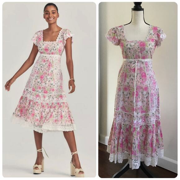 LoveShackFancy 🌷 Cottagecore Pink Floral Embroidered Lace Rare Midi Dress sz 0 - Picture 1 of 15